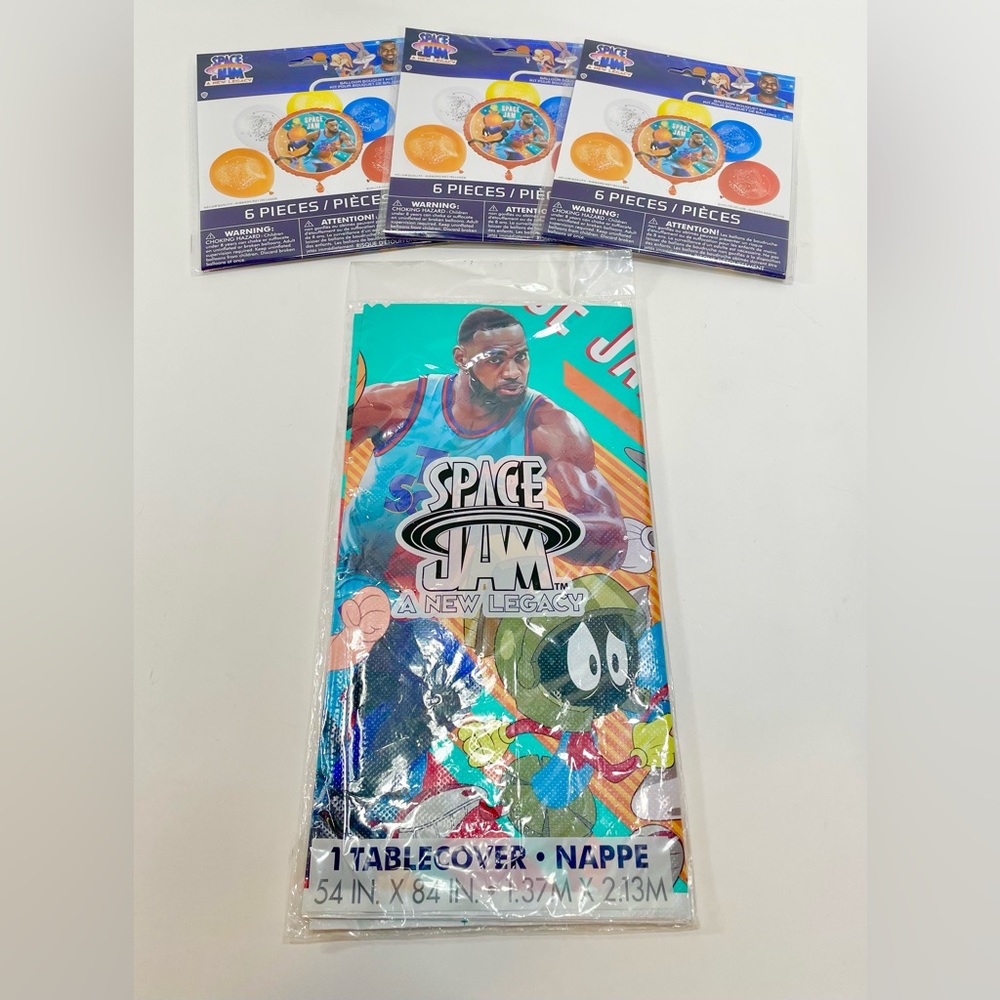SPACE JAM PLASTIC TABLE COVER Looney Tunes Birthday Party Cloth w/3 Pks …